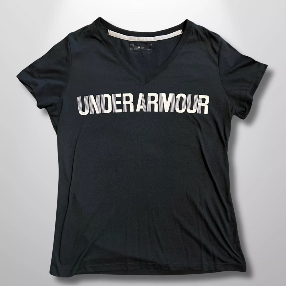 Women’s Under Armour shirt Black White Logo Fitted Heatgear Short V Neck Large